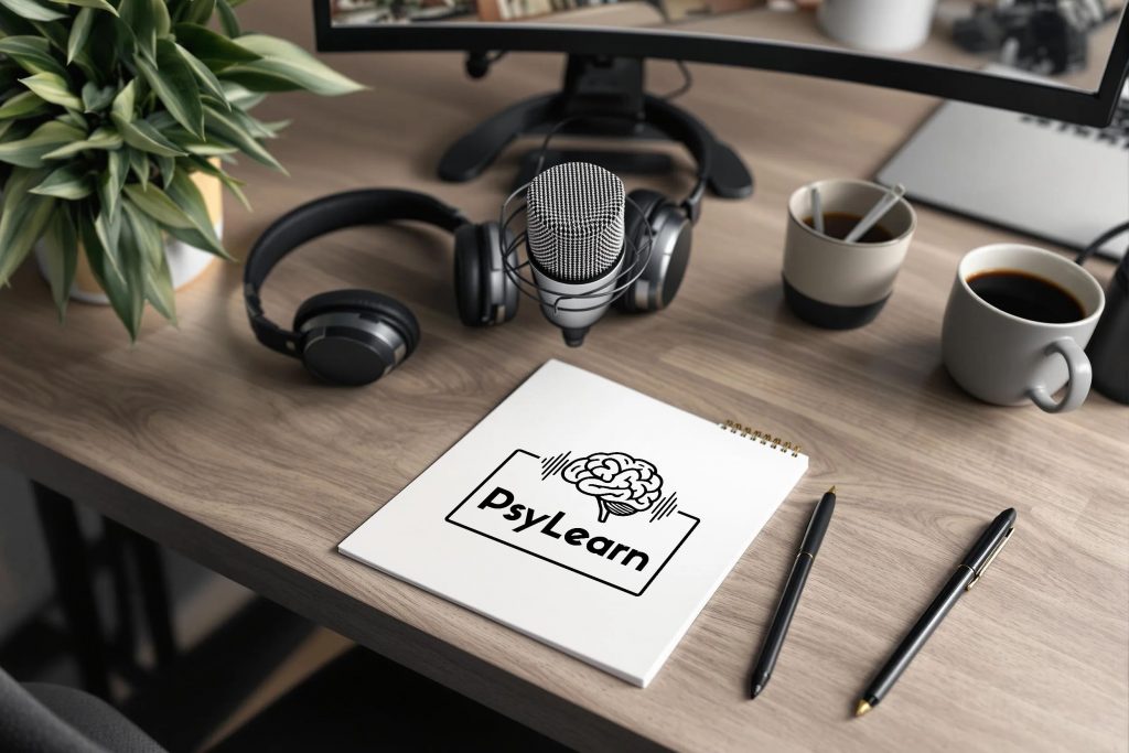 PsyLearn Logo in Schwarz-Weiß auf einem Schreibblock auf dem Schreibtisch. Daneben Kopfhörer, Mikrofon und Bildschirm.