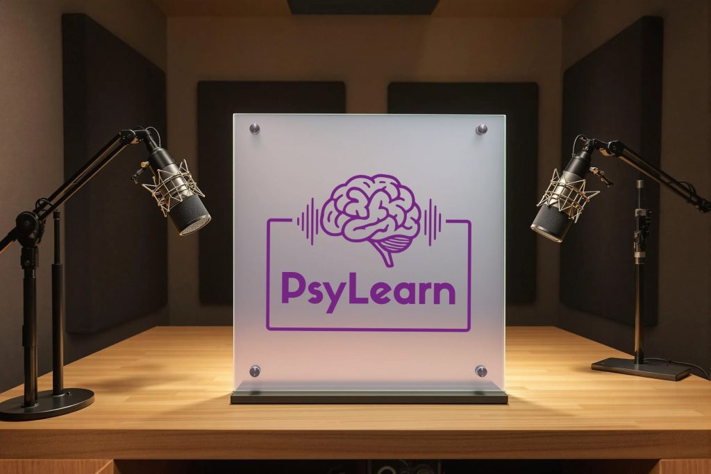 PsyLearn Logo auf einer Glasplatte. Daneben zwei Podcast-Mikrofone.