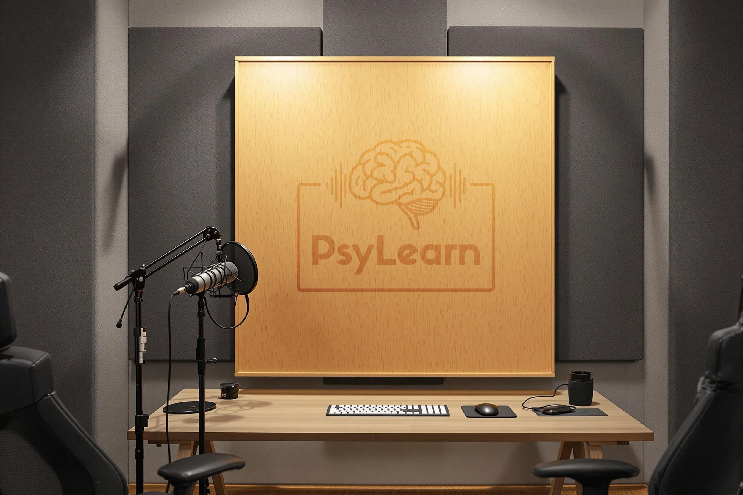 PsyLearn Logo auf einer Korkwand hinter dem Schreibtisch und dem Mikrofon PsyLearn Logo auf einer Korkwand hinter dem Schreibtisch und dem Mikrofon