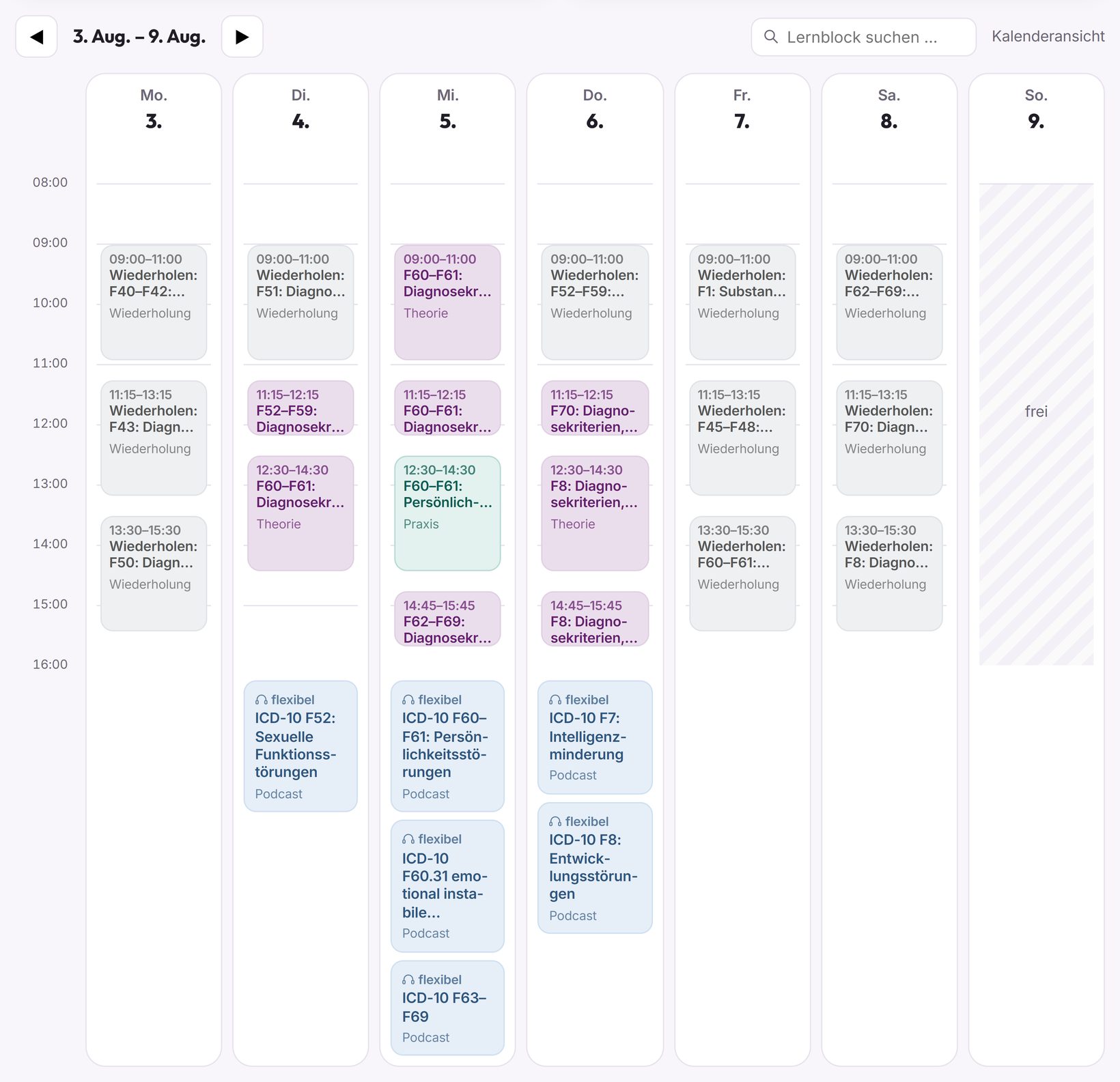 Wochenkalender mit Lernblöcken für Theorie, Praxis, Wiederholung und Podcast, Sonntag frei